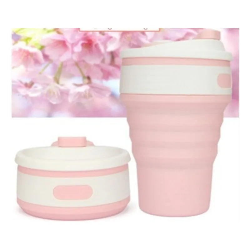 Green collapsible silicone travel cup showing folded and expanded states with leak-proof cover