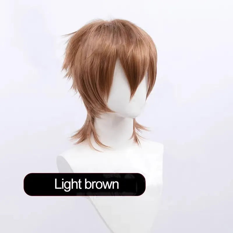 A short-style anime cosplay wig for men in a selected colour, showing its lengthened hair tail.
