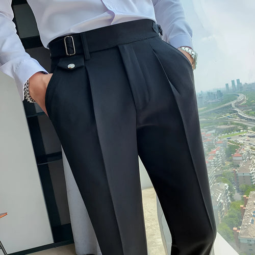 Straight-leg casual trousers in solid colours including black, grey, and khaki on a neutral background.