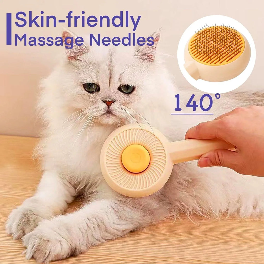 Blue self-cleaning pet grooming brush with angled metal needles and a yellow button.
