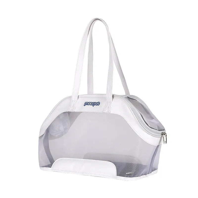 Moorpet leather cat outing carry bag in beige colour showing 25L capacity and structured design