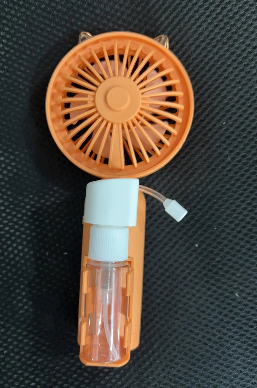 Colourful plastic USB rechargeable personal fan shown in apricot, blue, green, orange, and pink nozzle options.