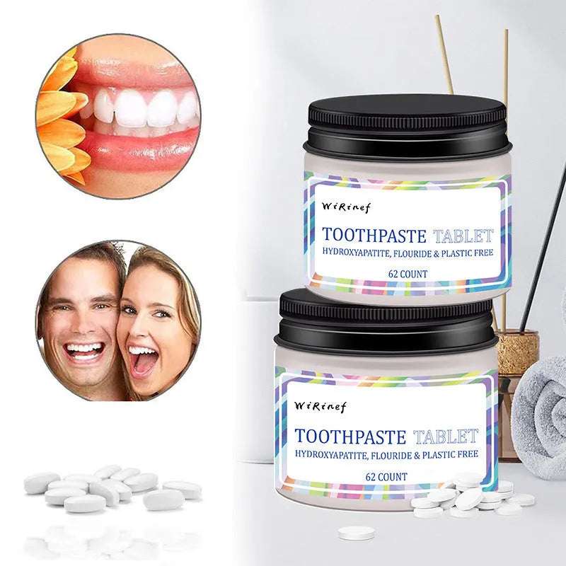 62 toothpaste tablets in solid form for portable dental cleaning without tubes
