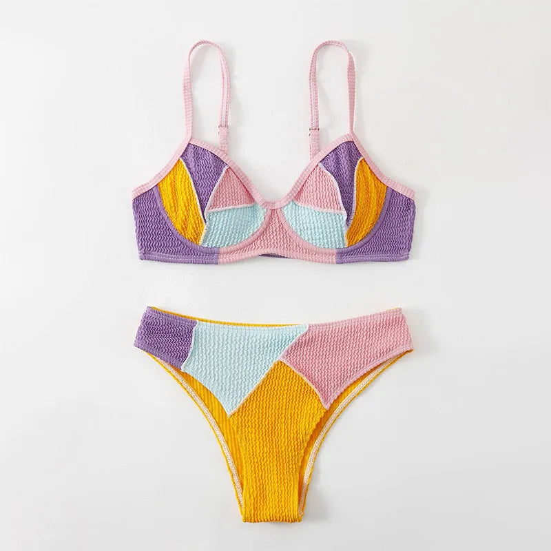 Ladies steel bracket push up bikini set in splicing colour with matching shorts