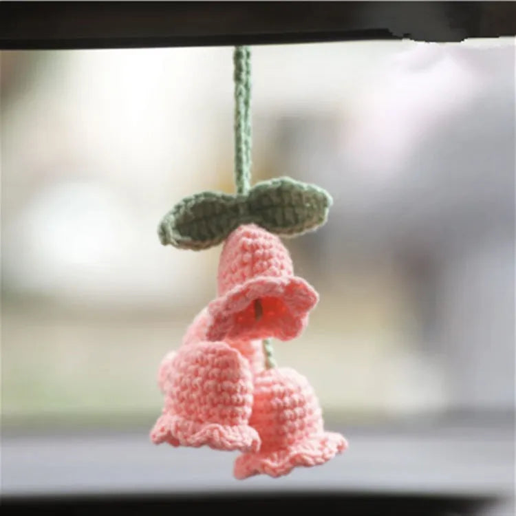 Green and white crochet car plant ornament with 25cm white hanging rope on 8cm basin base