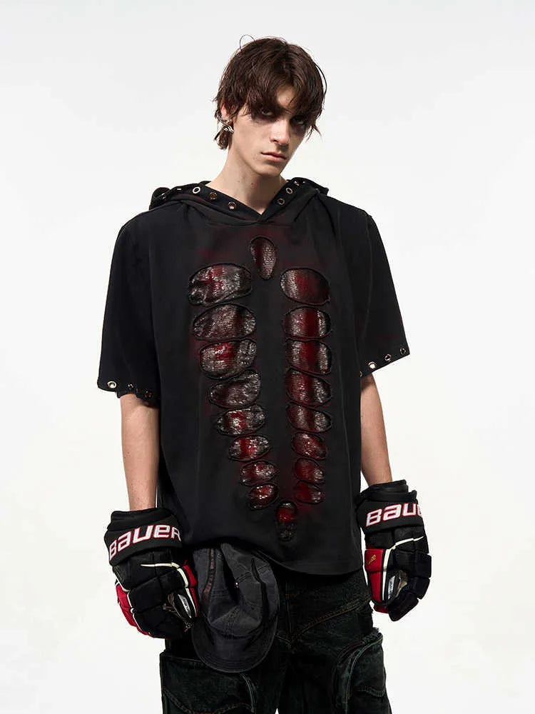 Black men's hooded T-shirt with sequin detailing on loose fit short sleeve design