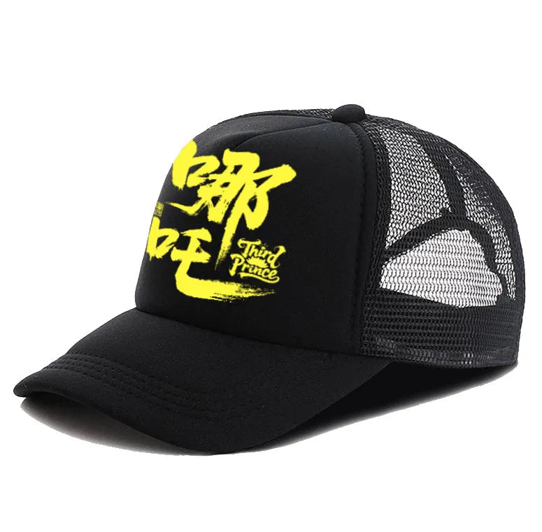 Men's polyester baseball cap showing colour options: black, blue, green, grey, pink, white.