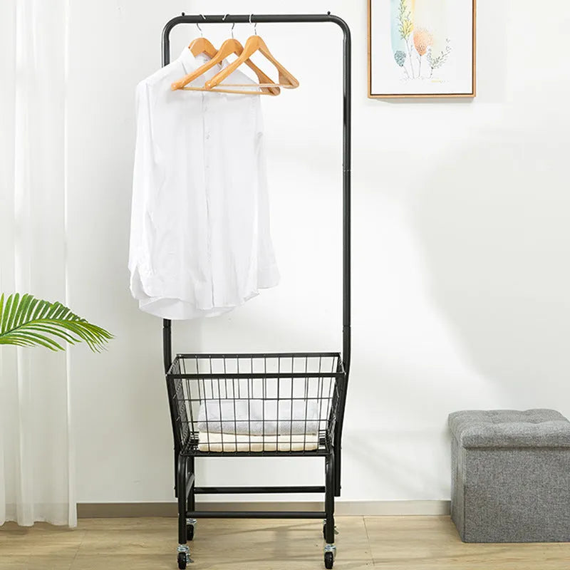 Iron single rod pulley storage car for hanging clothes with adjustable height mechanism in black or white finish