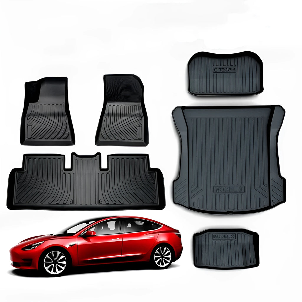 Rubber Tesla car floor mats with TPE footrests for Model 3, Y, S, and X vehicles