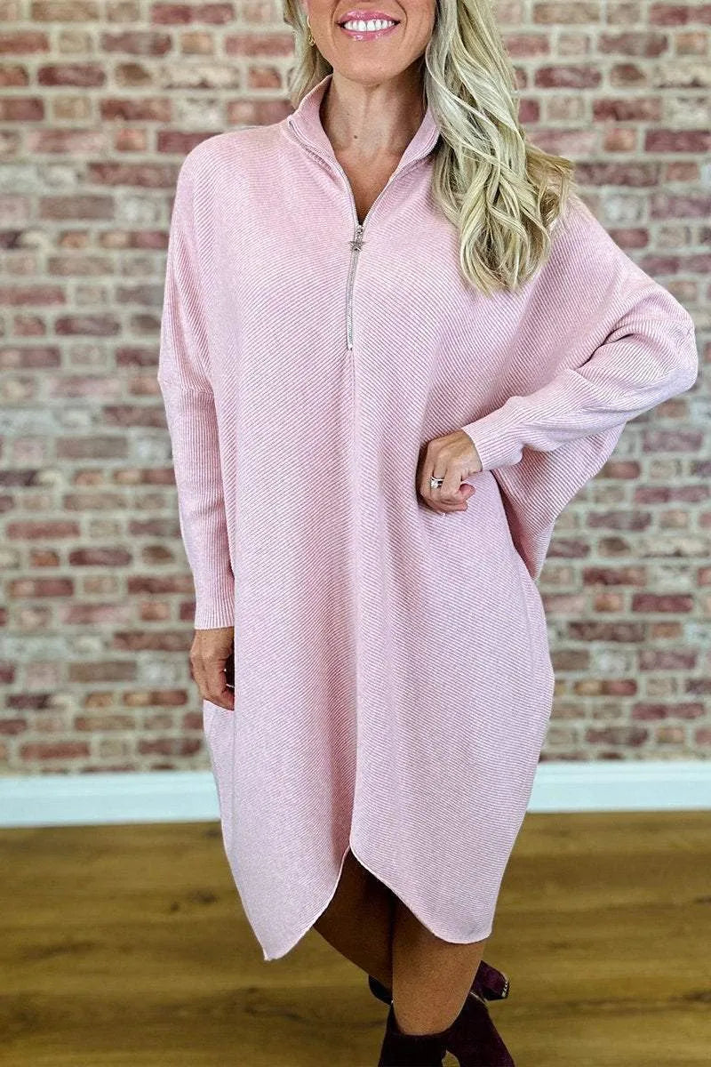 Women's solid colour knitted dress with raglan sleeves and zipper detail
