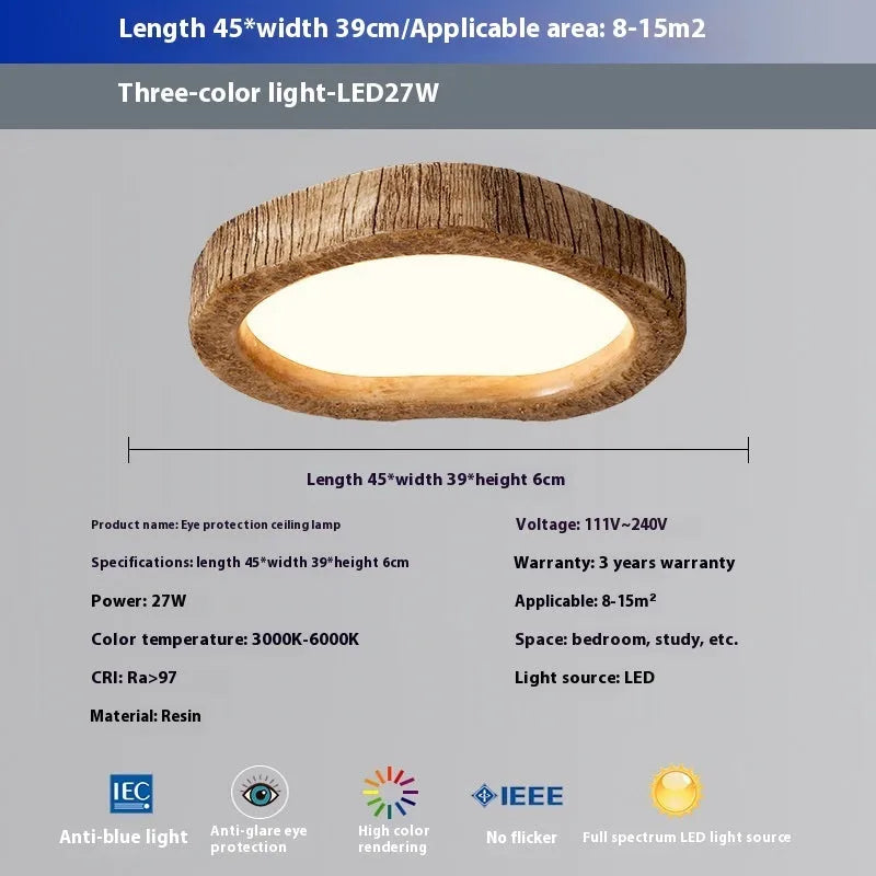 Round wood grain finish ceiling lamp in New Chinese style hanging from a ceiling.