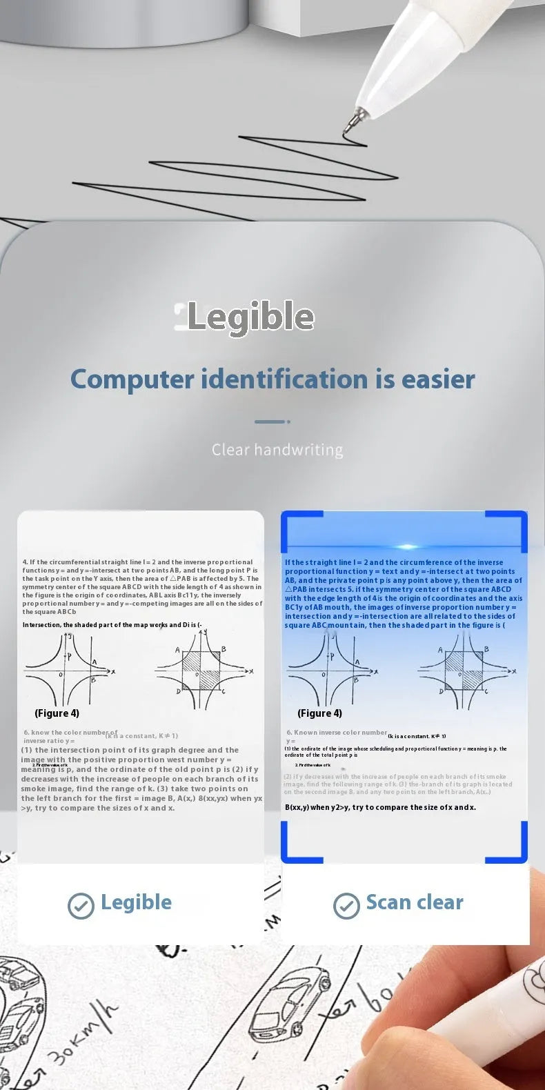 Five white and black plastic ballpoint pens with 0.5mm tips for writing