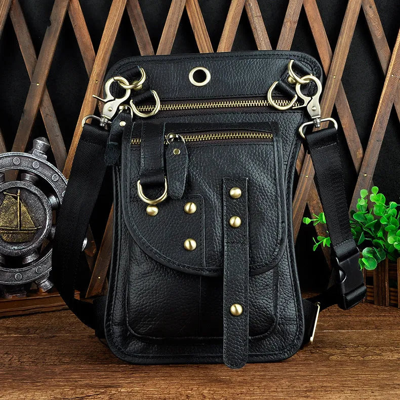Men's genuine leather punk fanny pack with phone and ID pockets in multiple colour options