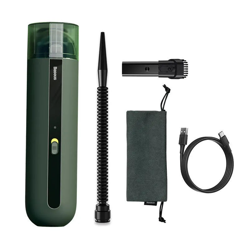 BASEUS black handheld car vacuum cleaner with hose on a car seat.