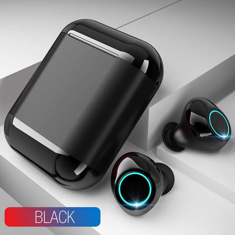 TWS wireless Bluetooth headset with charging case in Black, Gold, and Light Grey colour options