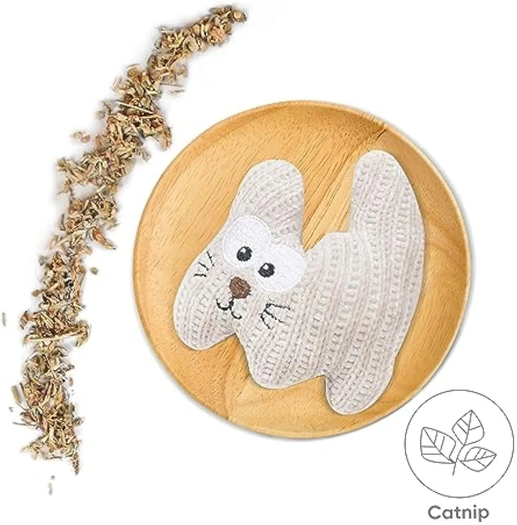 Cyan plush cat chew toy with rope ends, containing catnip and a bell.