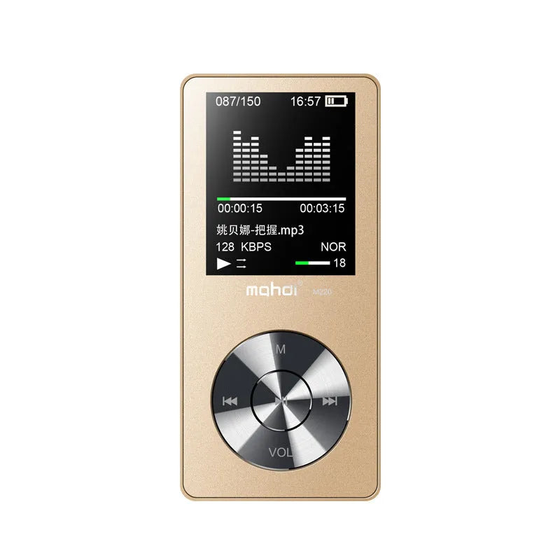 Gold metal MP3 music player with 1.8-inch screen showing menu, placed on a dark surface.