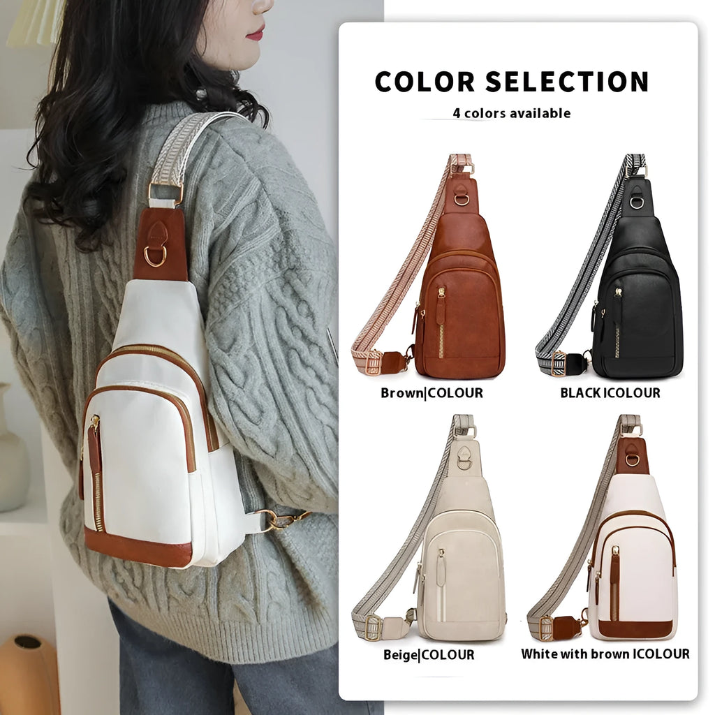 Women's soft brown PU crossbody chest bag showing open outer pocket and street style design