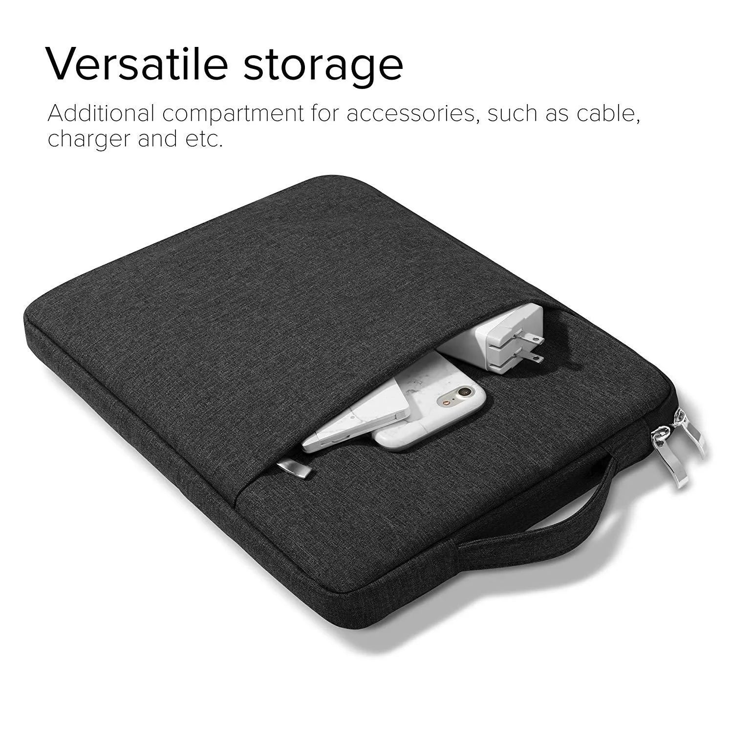 Grey canvas tablet case handbag open to show interior for a 12.9-inch device.