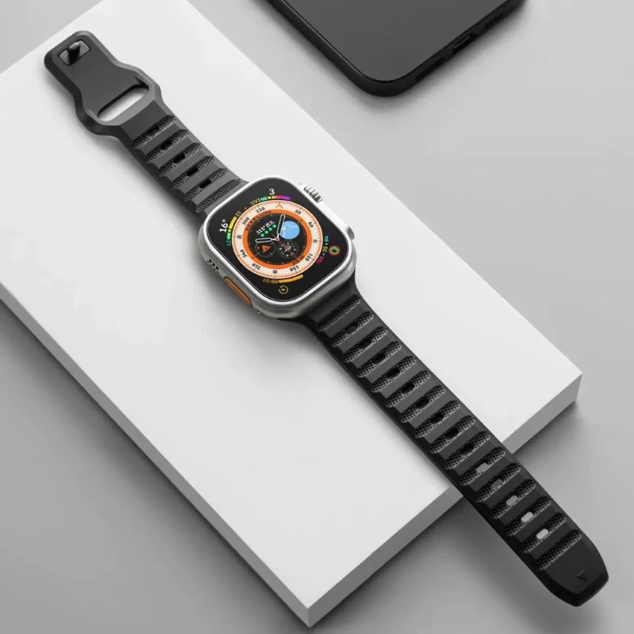 Fluoro rubber watch strap with T-buckle for Apple Watch Ultra and Series 1-8 models in multiple colours.