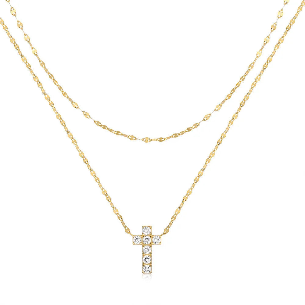 S925 sterling silver double layer twin diamond cross pendant on a clavicle chain.