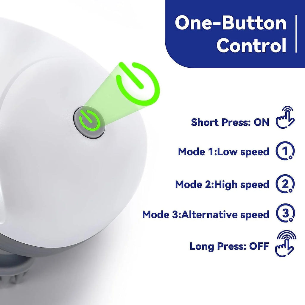 Blue handheld electric pet massager with four rotating silicone heads on a white background.