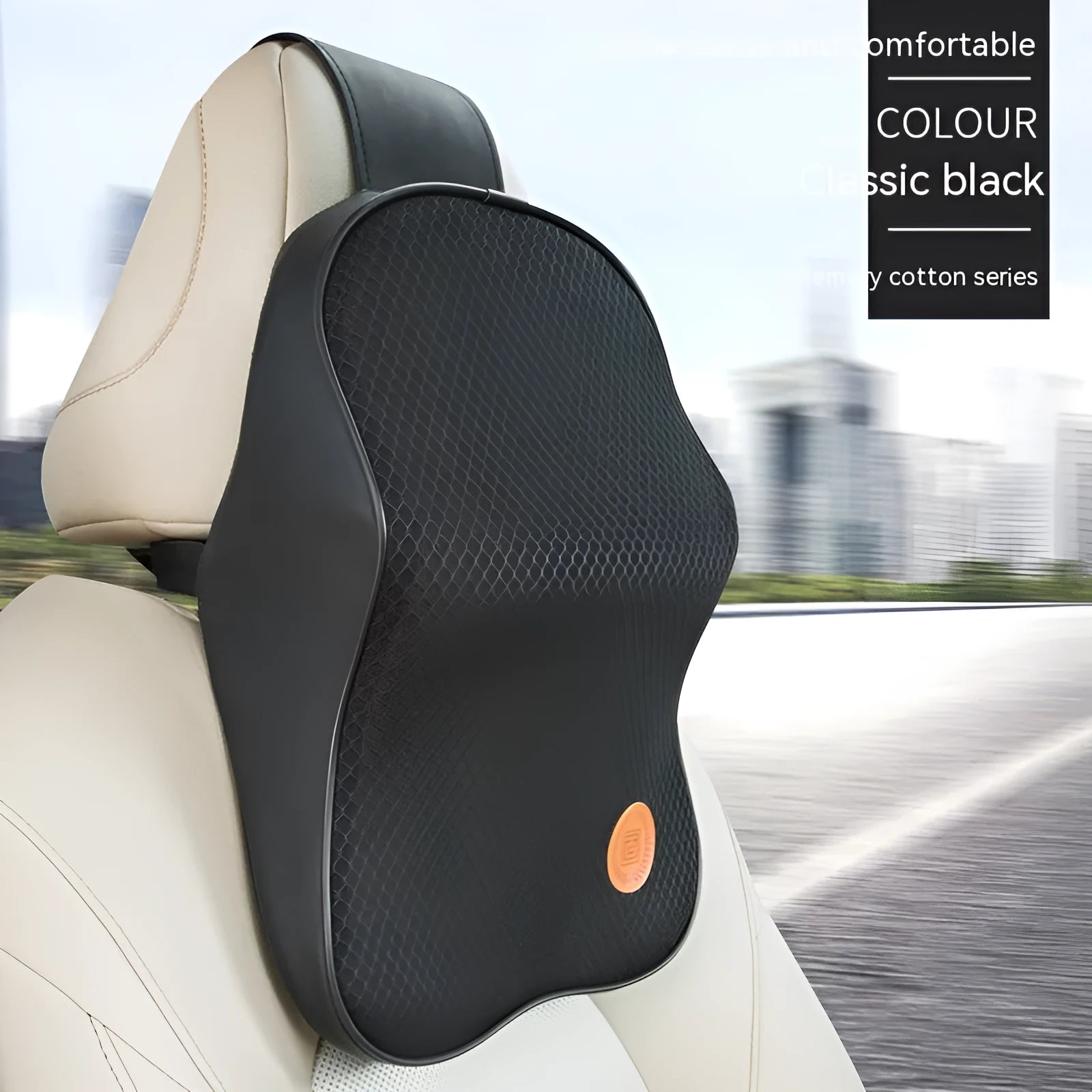 Black and beige memory foam headrest pillow and lumbar support pillow for car seats.