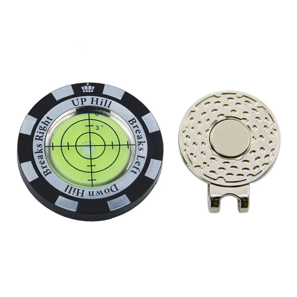 Golf spirit level clip with green bubble vial and alignment marks attached to a golf bag strap