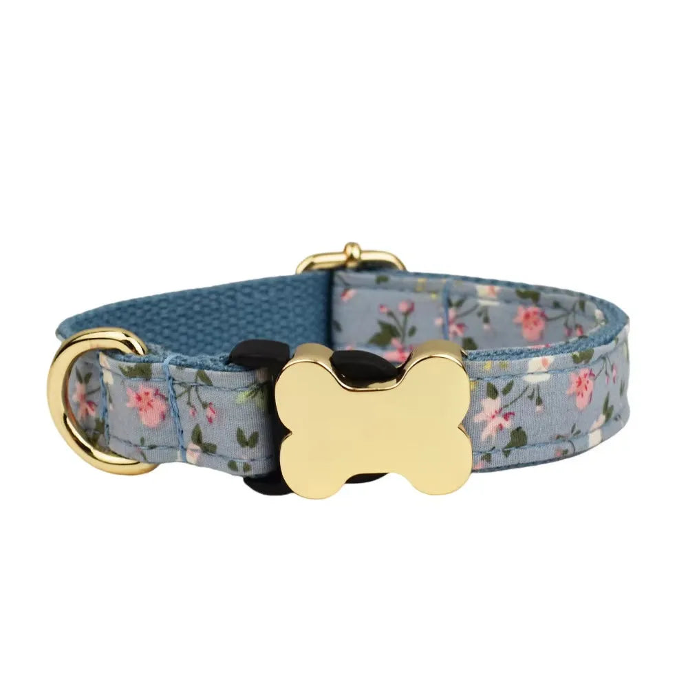 Nylon dog collar with printed grid pattern and bone-shaped metal buckle in multiple colour options