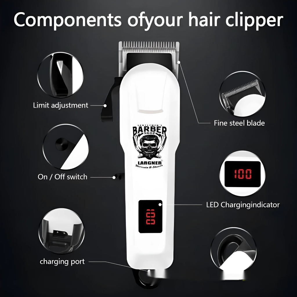 Rechargeable hair clipper with stainless steel cutter heads, USB charging cable, and 4 in 1 guard attachments kit.