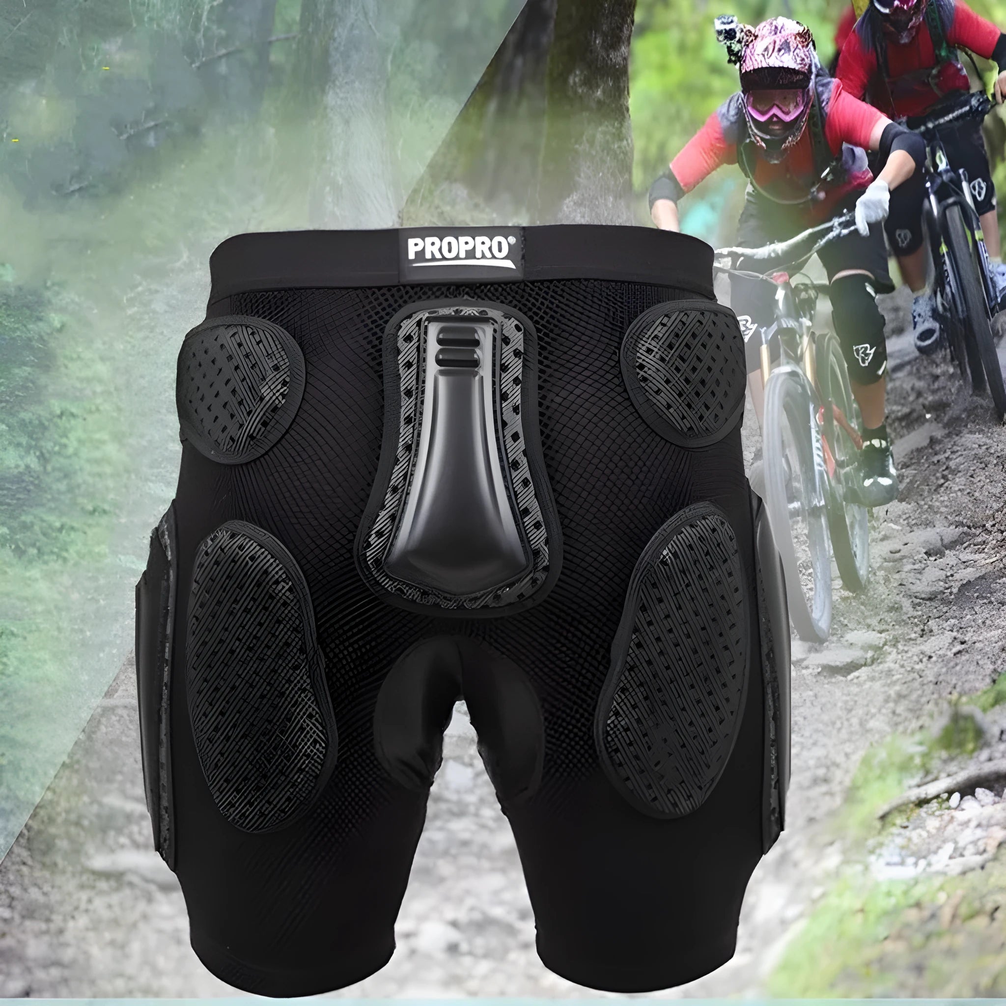 Black cycling hip protection pants showing padded construction for impact safety during mountain biking.