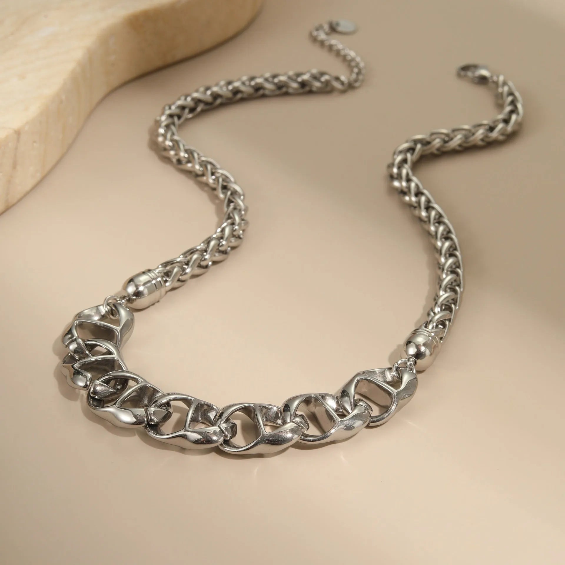 Stainless steel geometric pendant necklace with gold electroplating on regular chain