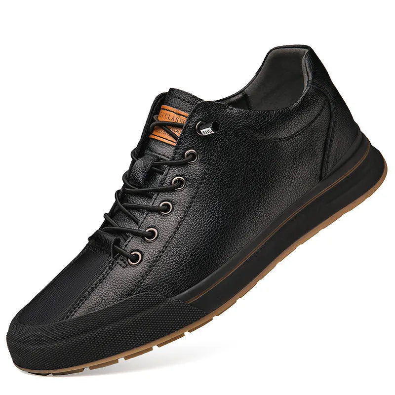 Men's white and black matte leather casual shoes with flat heel and round toe, shown in various colour and lining options.