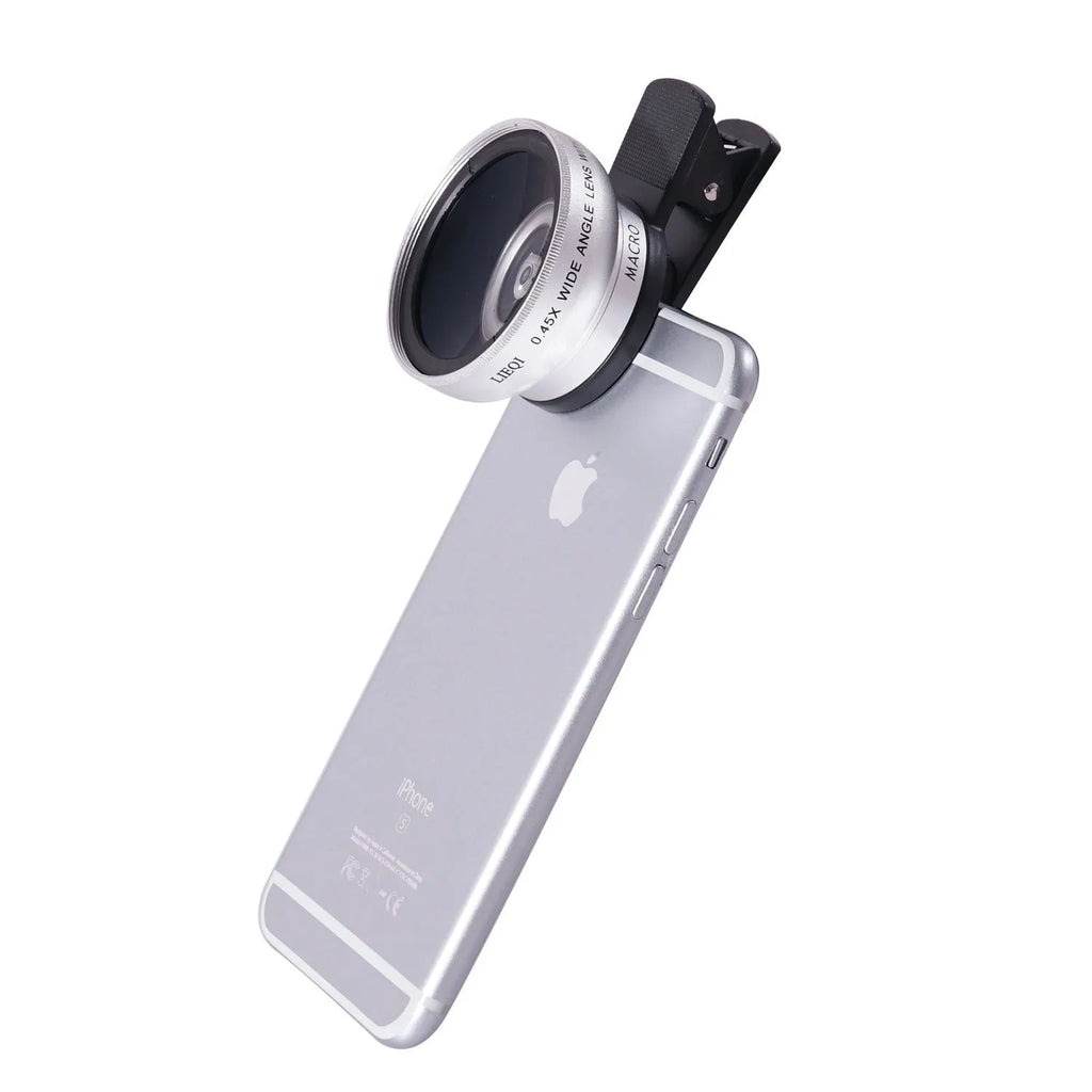 LIEQI 0.45X wide-angle and macro camera lens for mobile phones in silver metal finish