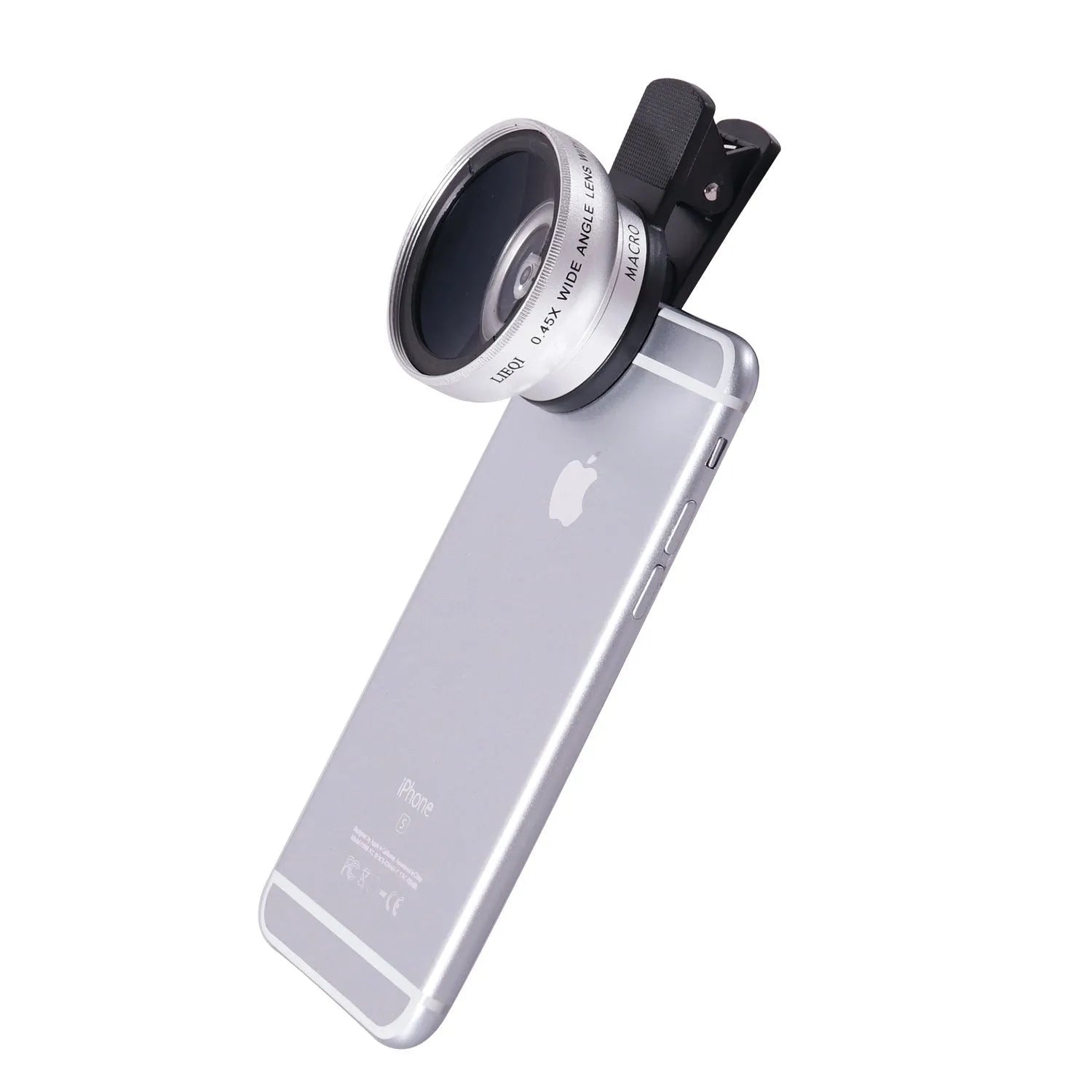 LIEQI 0.45X wide-angle and macro camera lens for mobile phones in silver metal finish