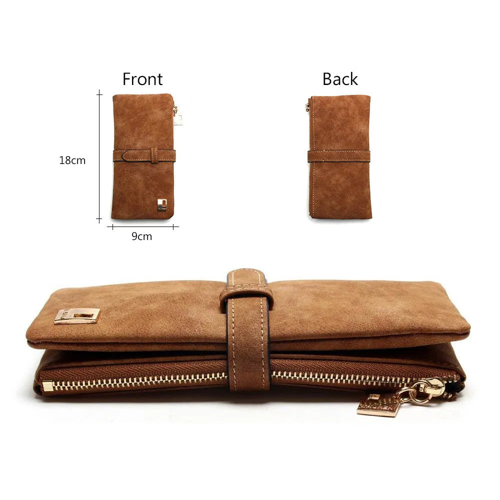 Vertical long wallet in retro matte PU leather with zip closure, shown open to reveal card slots and phone pocket.