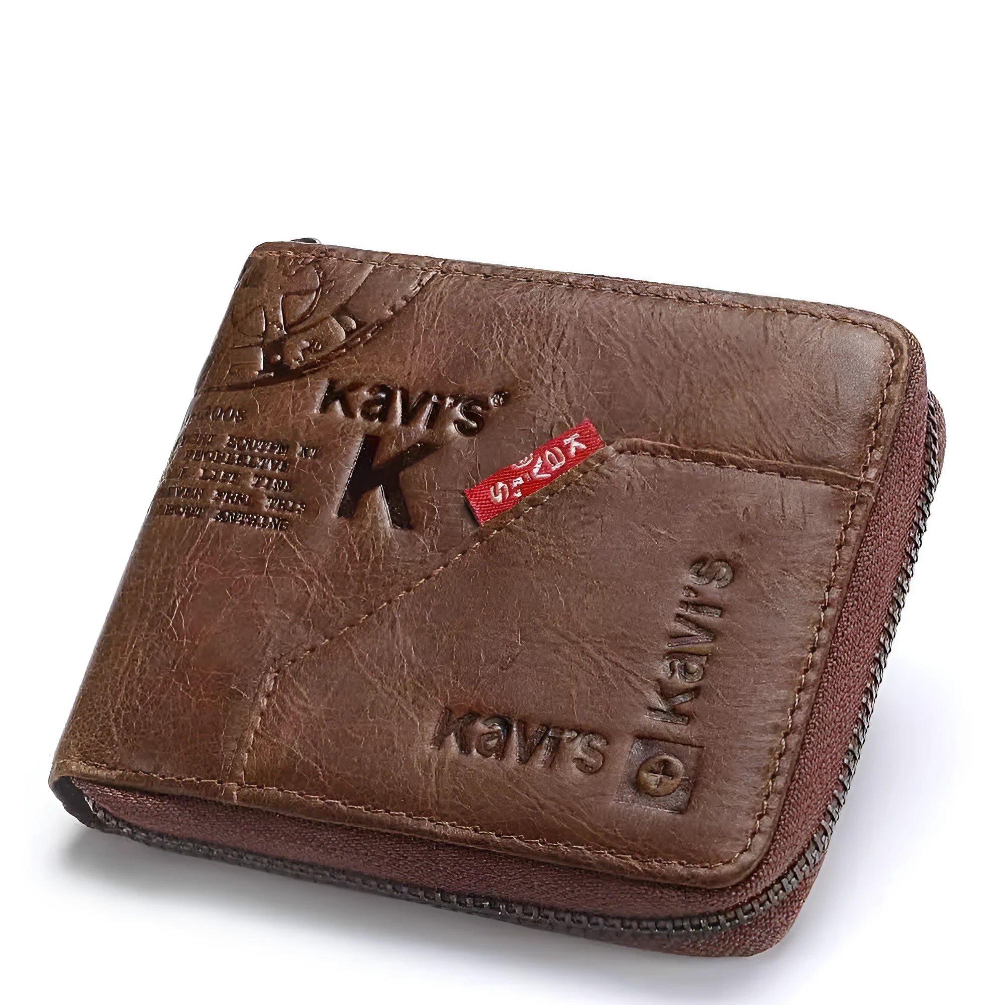 Men's brown soft leather vintage wallet with zipper and multiple internal compartments open.