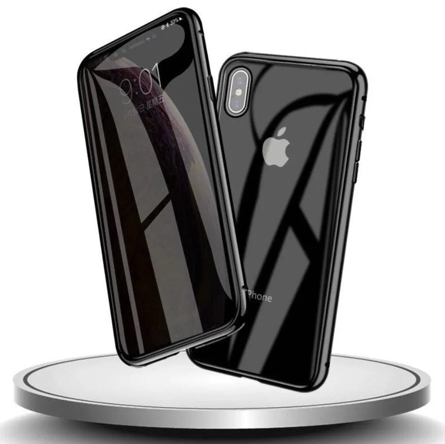 Black glass clamshell anti-spy case on an iPhone, showing geometric design and solid colour.