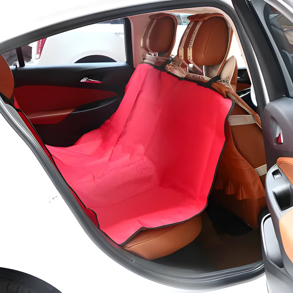 Square red car pet pad made of Oxford fabric with waterproof backing, shown on a car seat.