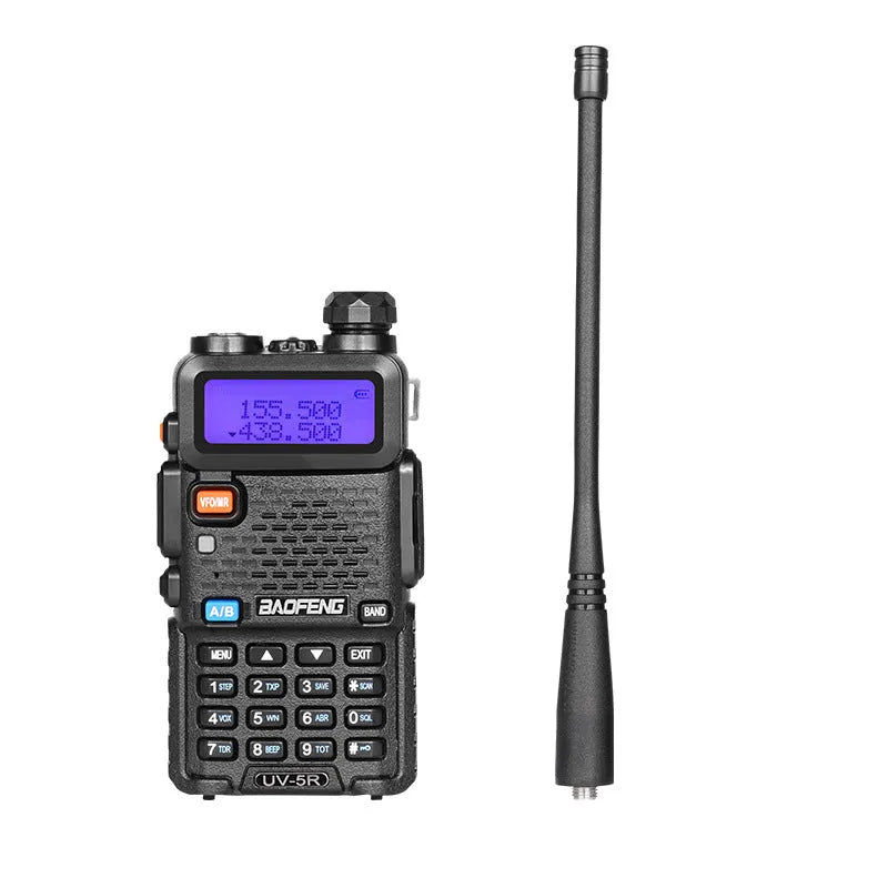 Compact black VHF UHF dual-band walkie talkie with antenna, LCD display, and side buttons