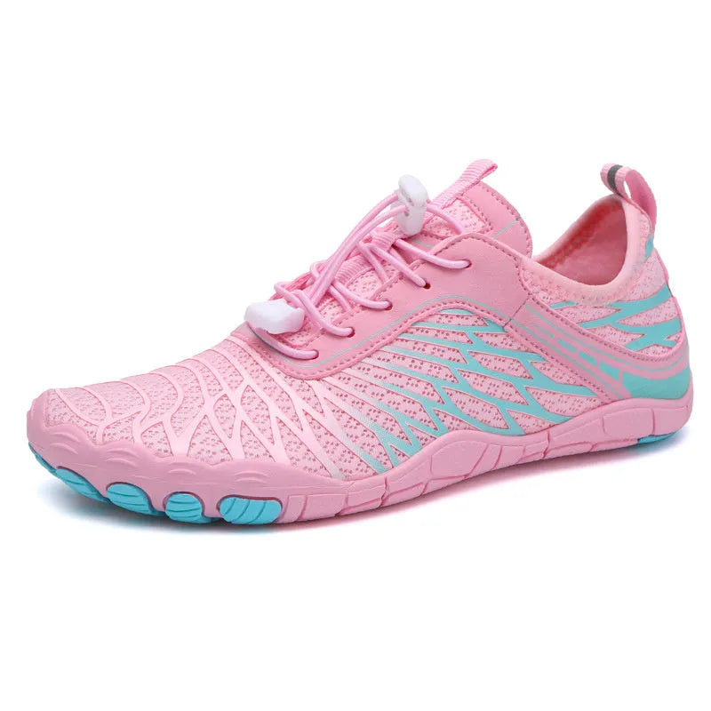 Outdoor upstream sports shoes with non-slip rubber sole and breathable gauze lining in white black pink ash orange and black blue