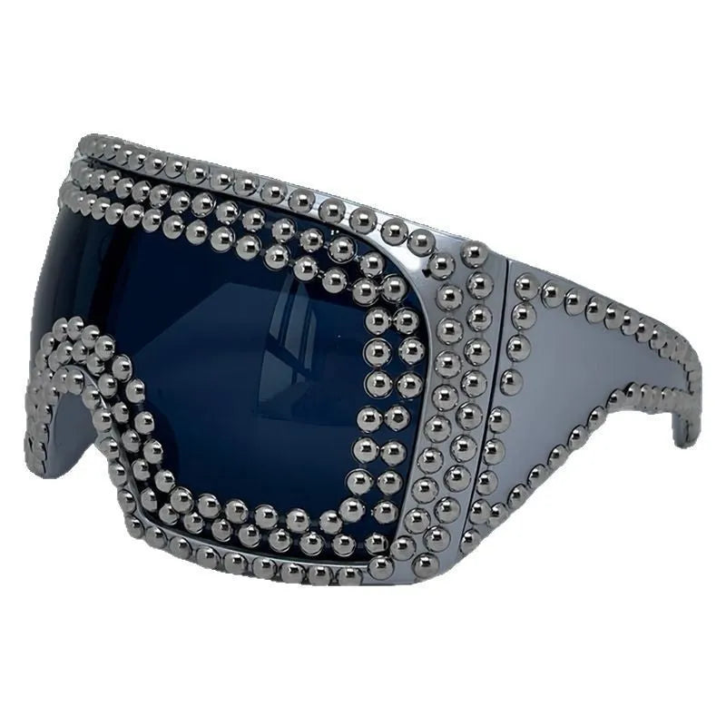 Men's punk sunglasses with large square frames and rivet detailing in silver or gold
