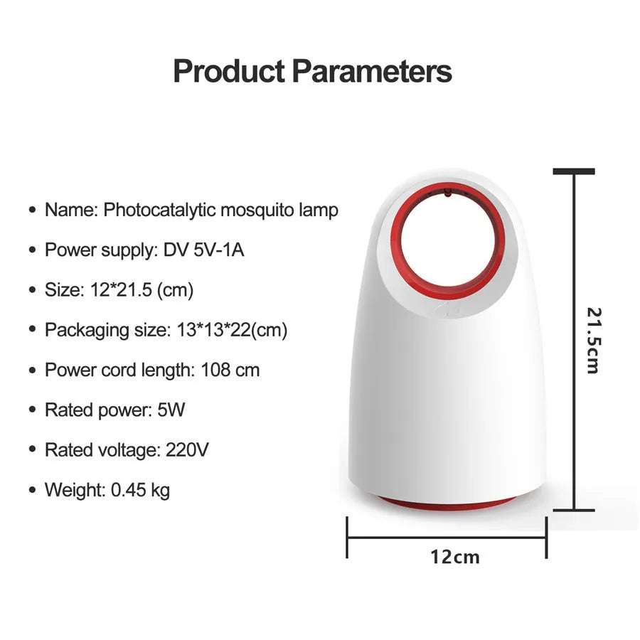 White or black household silent mosquito killer with USB cable, dimensions 12x12x21.5cm
