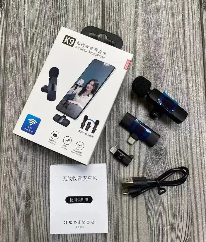 Wireless collar clip lavalier microphone with smartphone connector options for Type-C, Lightning, and 3.5mm jacks.