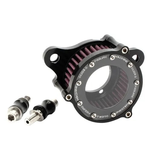 CNC aluminium retro motorcycle air filter with glass window for Harley Sportster, showing black and red filter element options.