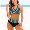 Ladies striped tie-dye hollow bikini set with high-waist briefs on model