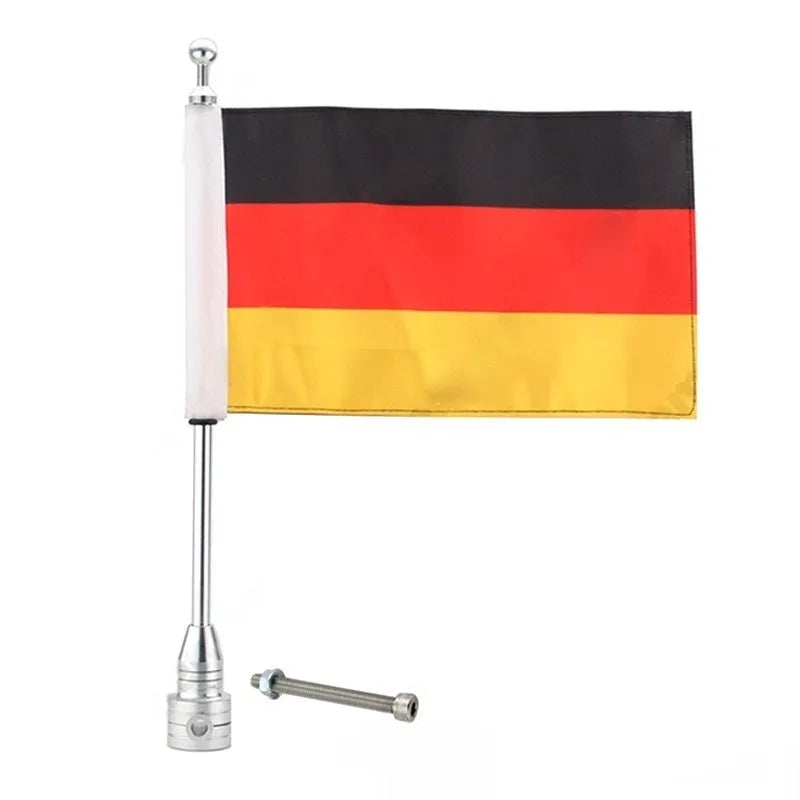 Side-mounted motorbike flagpole for luggage racks in black or silver electroplated finish