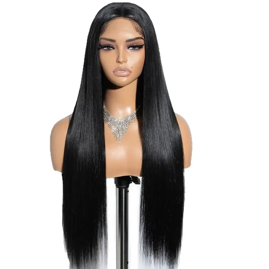 Glueless human hair straight wig with side bangs shown in long length.