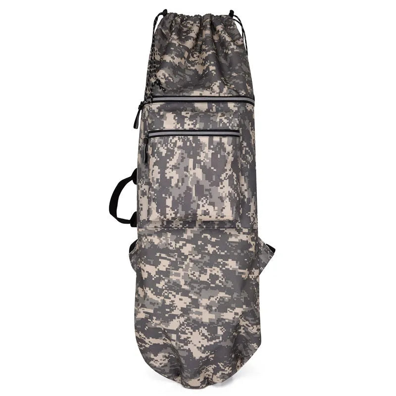 Waterproof nylon skateboard carry bag with 20-35 litre capacity in black camouflage colours