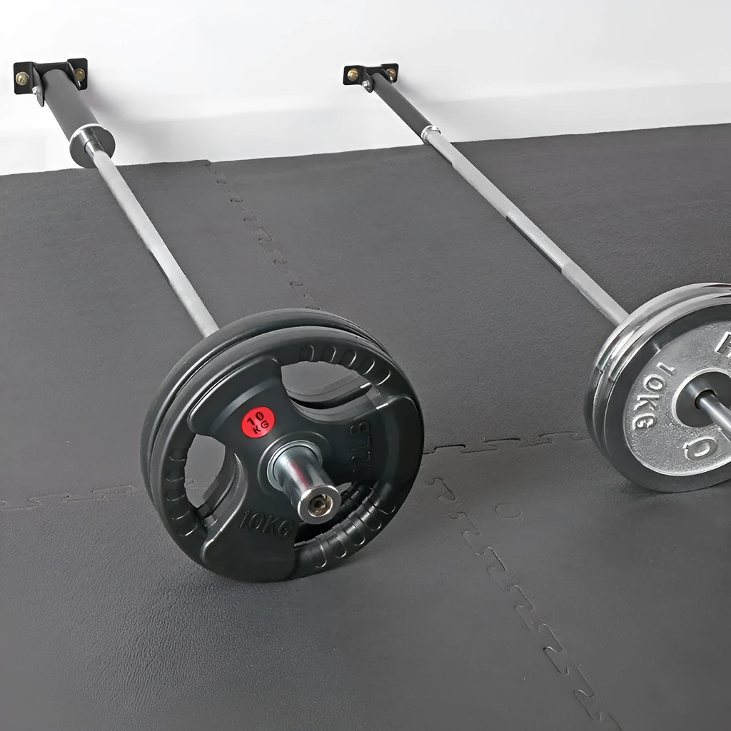 Steel wall-mounted barbell rod rack holding 25 tubes vertically.